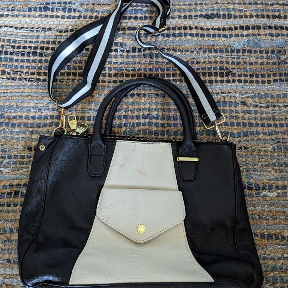 Steve Madden Saffiano large shoulder tote laptop travel black white bag 13x11x5 - Picture 5 of 14